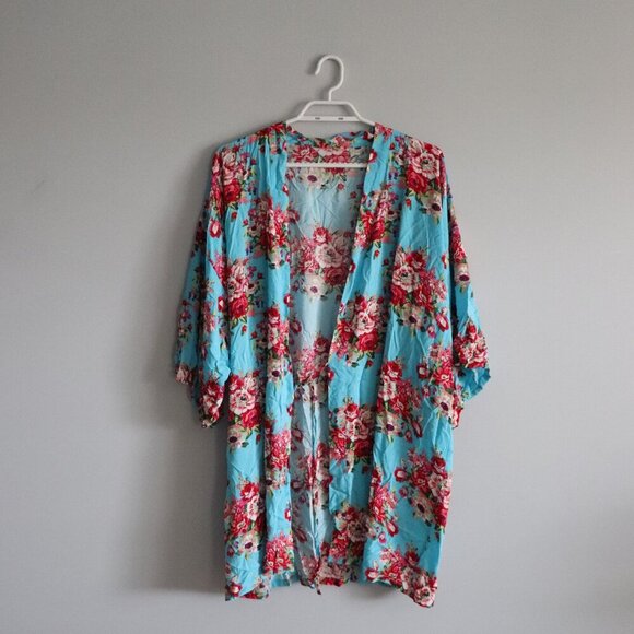 Floral Women's Sz L/XL Open Front Mid Sleeve Cover Up Wrap Kimono Robe - Picture 1 of 10